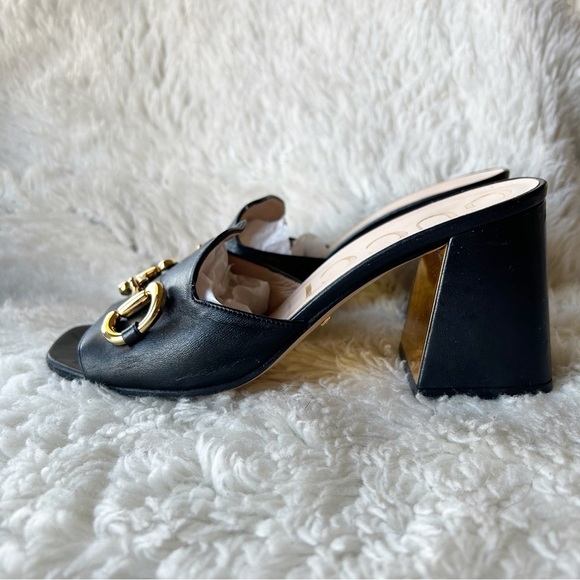 Gucci Baby Horsebit Slide Sandals Mules Black and Gold Block Heel Size EU 39 - Picture 2 of 14